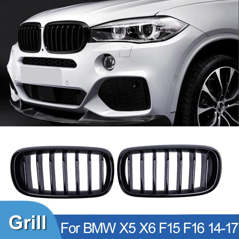 Pulleco For BMW X5 X6 F15 F16 Car Front Bumper Kidney Grill Hood Grillle Gloss Black Single Slat Grilles 14-17 New Racing Grills