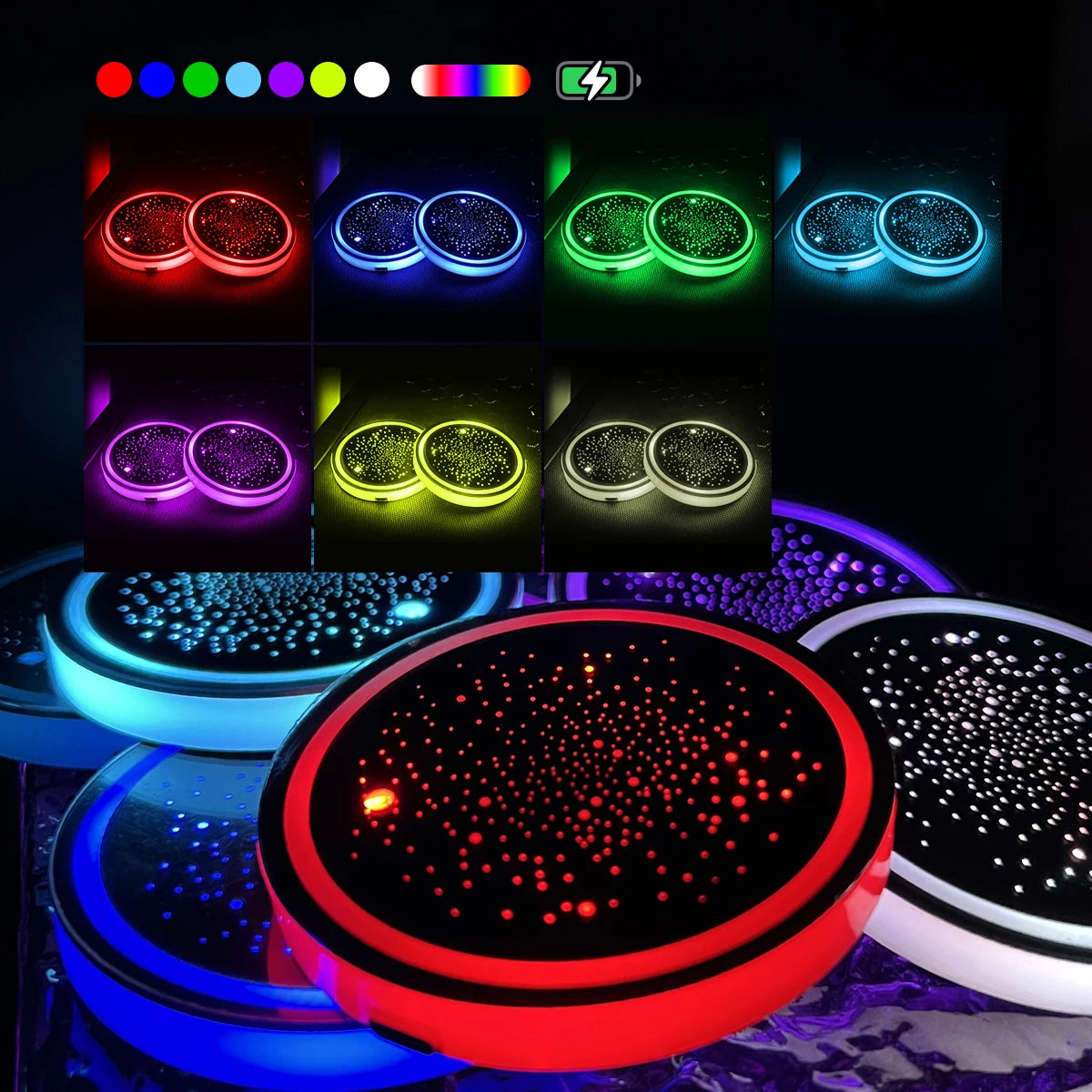 2PCS LED Cup Holder Lights for Car, 7 Color-Changing Light Up Cup