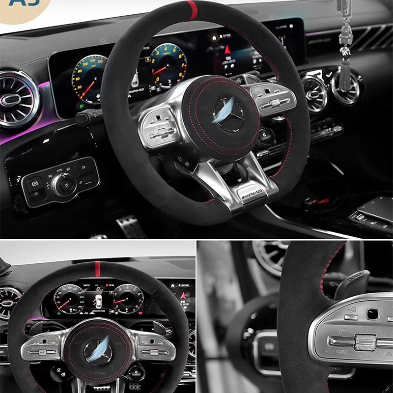 Hand Stitch Red Mark Car Steering Wheel Cover for Mercedes Benz AMG CLA CLS GLB GLE W177 W167 R190 W205 W222 Suede Car Interior