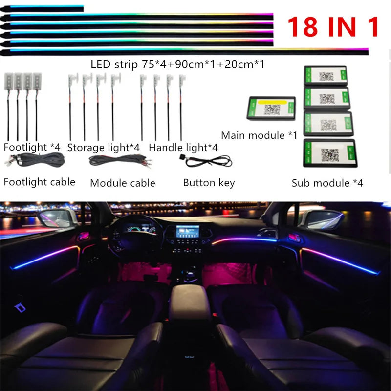 Universal Ambient Lights 64 Color For House & Cars Interior Acrylic Light Guide Fiber Optic Car Decoration Atmosphere Light 18 in1