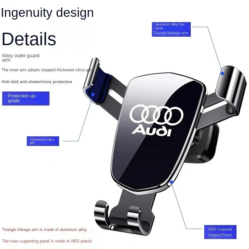 Audi Gravity Car Phone Holder For A1 A2 A3 8L 8P 8V A4 B5 B6 B7 B8 A5 8T A6 C5 C6 C7 A7 A8 D2 D3 Q3 Q5 SQ5 Q7 Auto Accessories