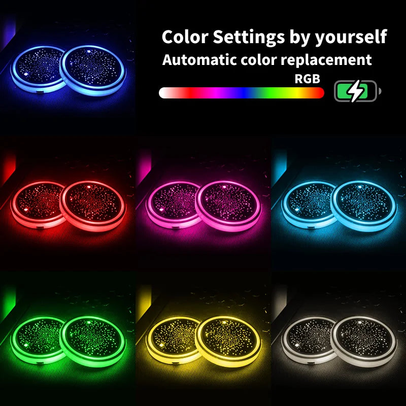 2PCS LED Cup Holder Lights for Car, 7 Color-Changing Light Up Cup